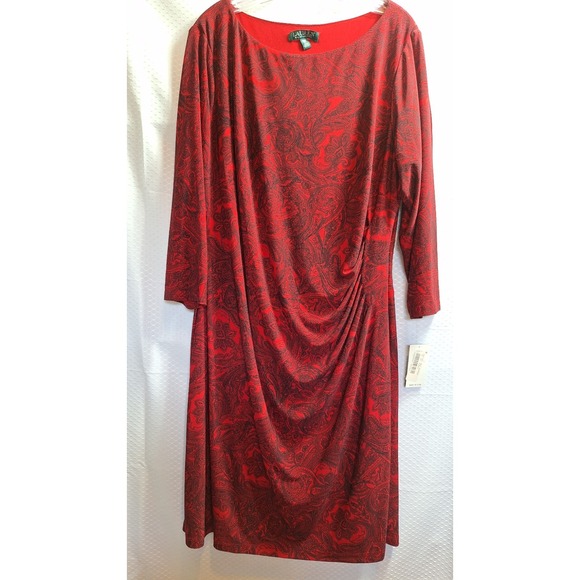 NWT$ LRL RALPH LAUREN Ruched Midi Dress Plus Sz 18W Red Black Paisley Career L/S - Picture 1 of 8